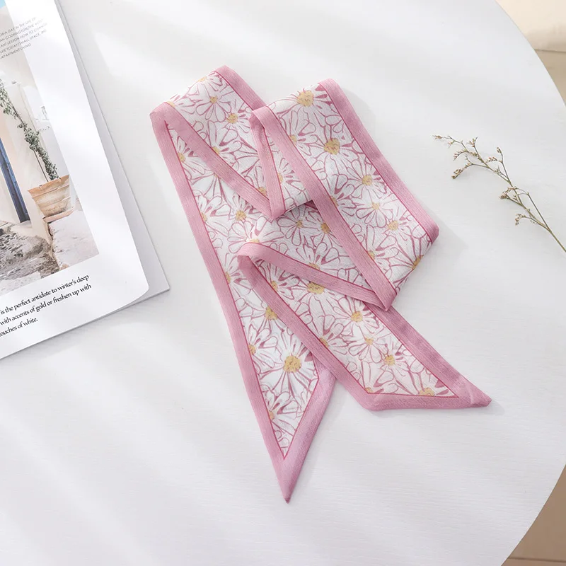 Summer French Retro Pink Tied Hair Small Floral Long Silk Scarf Headband Braided Hair Chiffon Thin Ribbon Scarf
