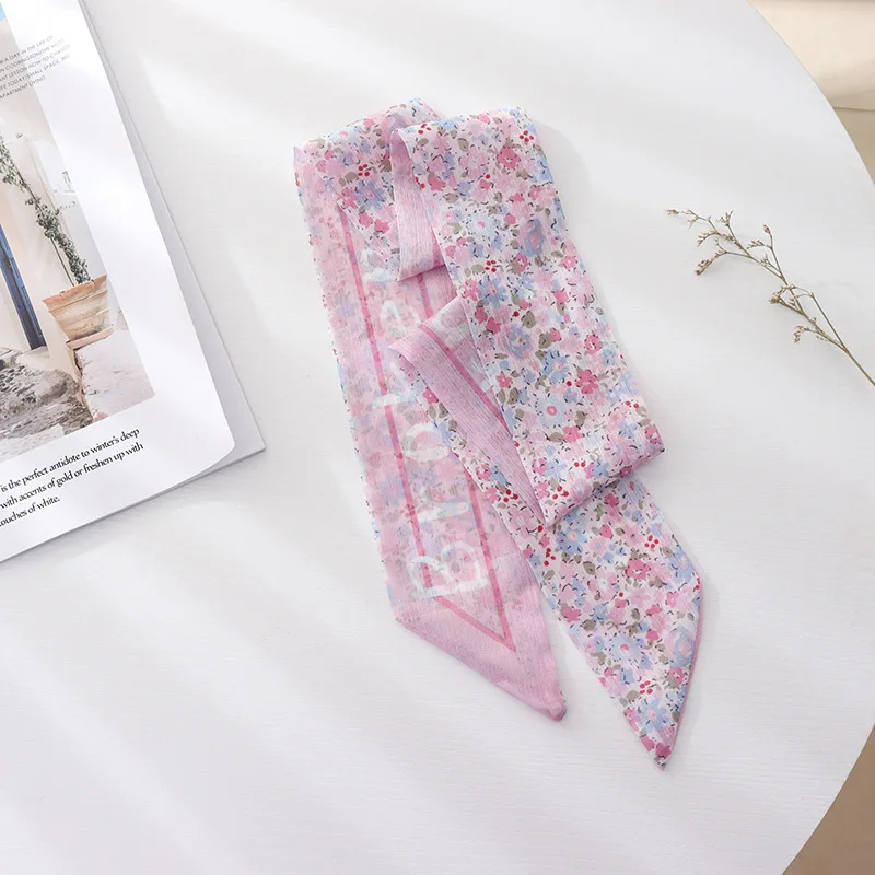 Summer French Retro Pink Tied Hair Small Floral Long Silk Scarf Headband Braided Hair Chiffon Thin Ribbon Scarf