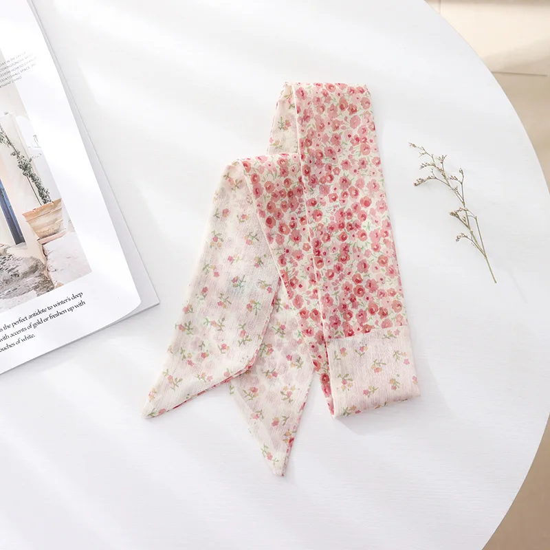 Summer French Retro Pink Tied Hair Small Floral Long Silk Scarf Headband Braided Hair Chiffon Thin Ribbon Scarf