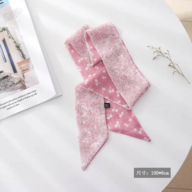 Summer French Retro Pink Tied Hair Small Floral Long Silk Scarf Headband Braided Hair Chiffon Thin Ribbon Scarf