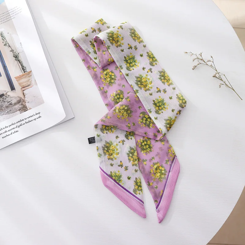 Summer French Retro Pink Tied Hair Small Floral Long Silk Scarf Headband Braided Hair Chiffon Thin Ribbon Scarf