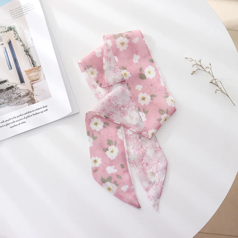 Summer French Retro Pink Tied Hair Small Floral Long Silk Scarf Headband Braided Hair Chiffon Thin Ribbon Scarf