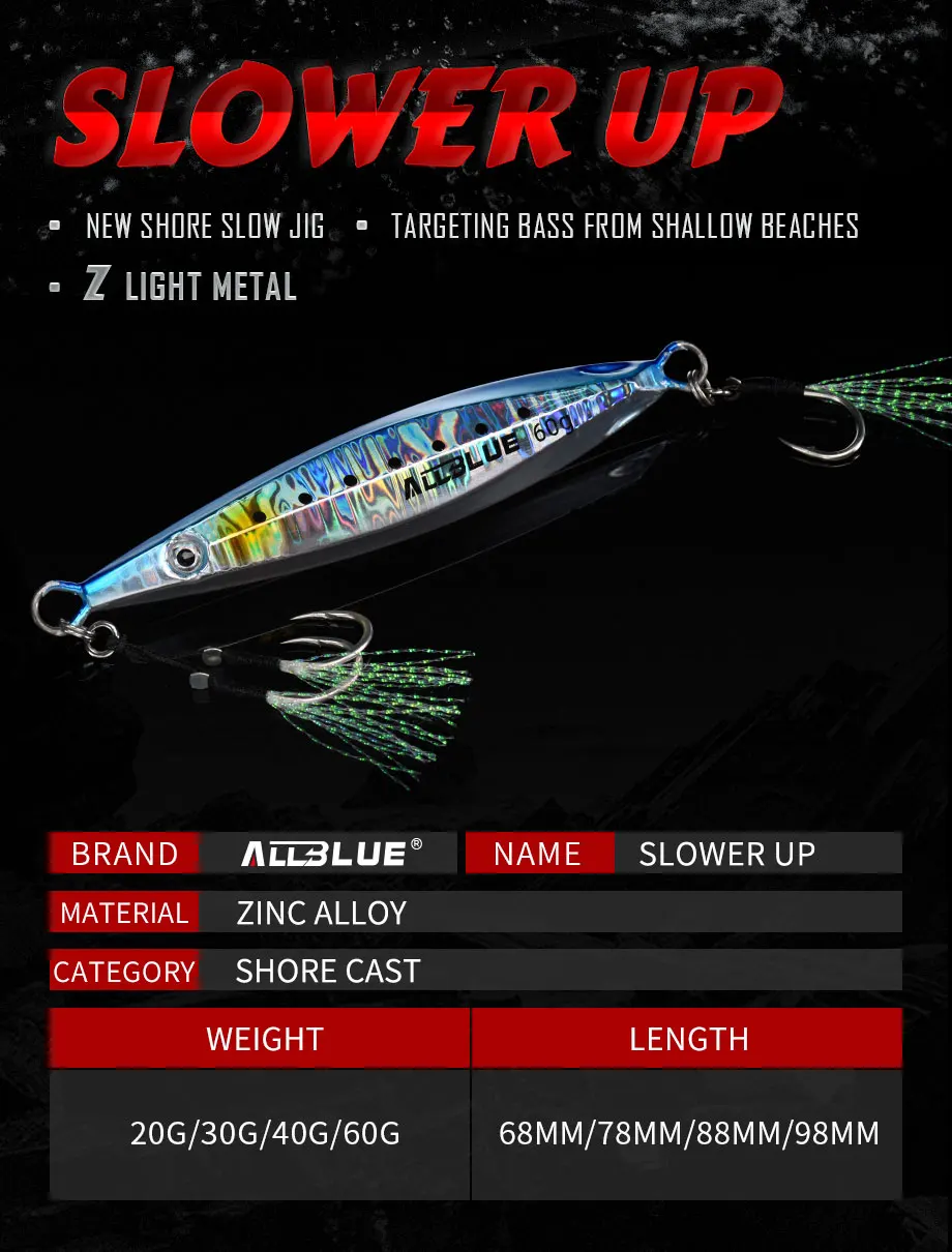 ALLBLUE SLOWER UP Z-Light Metal Jig Fishing Lure Slow Cast Jigging Spoon 20G 30G 40G 60G Artificial Shore Zinc Alloy Bait Tackle