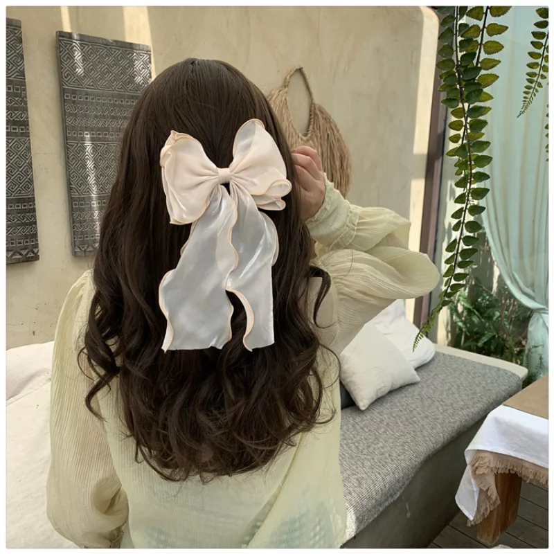 New Women Girls Sweet Blue Shining Satin Bowknot Hair Clip Big Ribbon Bow Barrette Solid Color Scarf Hairpin Grip Ponytail Clip