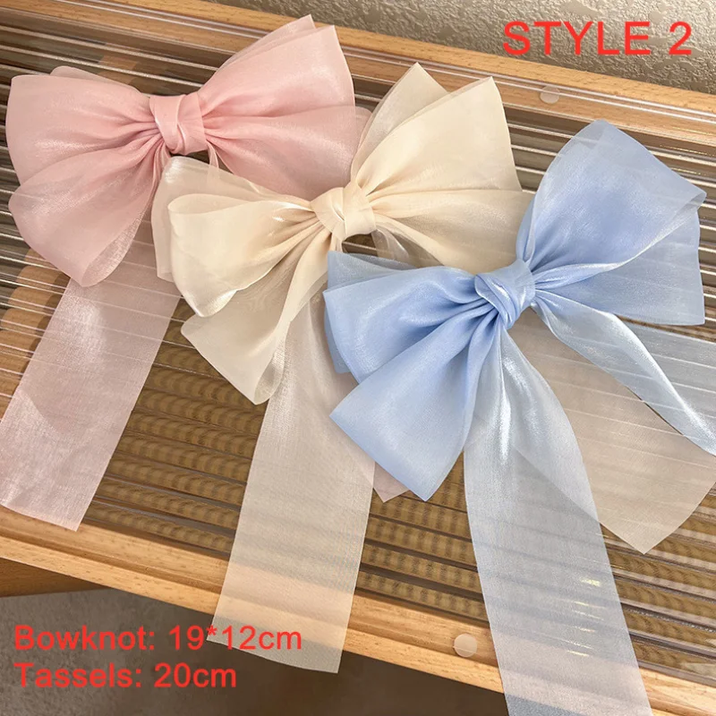 New Women Girls Sweet Blue Shining Satin Bowknot Hair Clip Big Ribbon Bow Barrette Solid Color Scarf Hairpin Grip Ponytail Clip