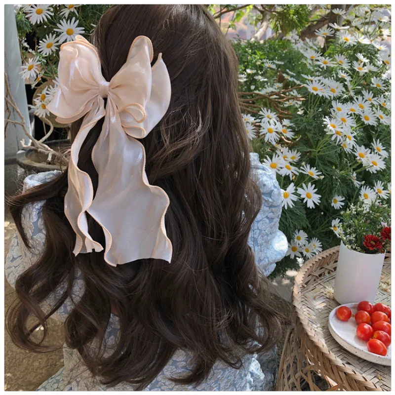 New Women Girls Sweet Blue Shining Satin Bowknot Hair Clip Big Ribbon Bow Barrette Solid Color Scarf Hairpin Grip Ponytail Clip