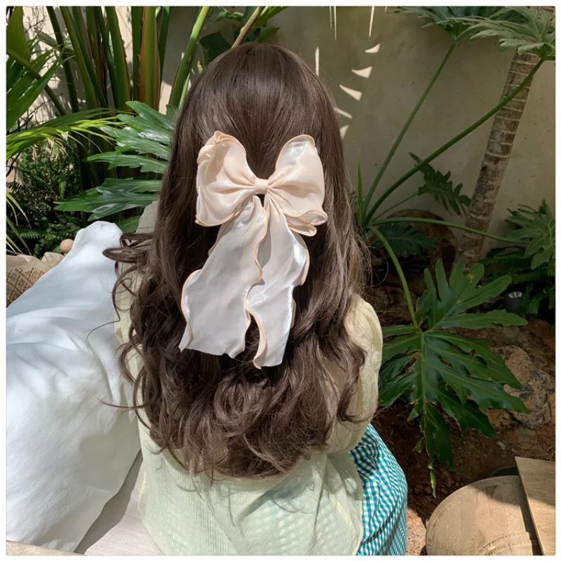New Women Girls Sweet Blue Shining Satin Bowknot Hair Clip Big Ribbon Bow Barrette Solid Color Scarf Hairpin Grip Ponytail Clip