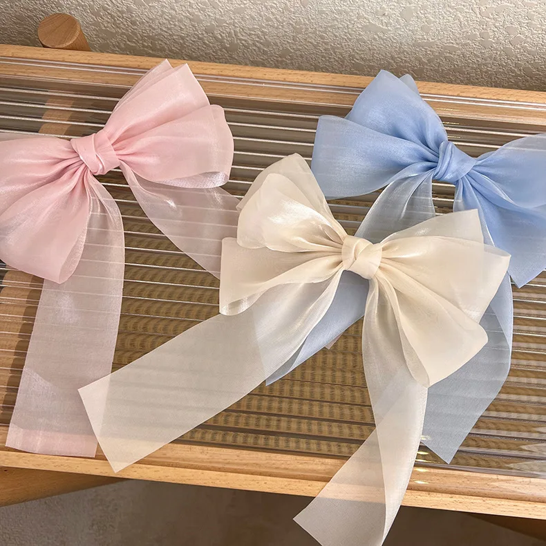 New Women Girls Sweet Blue Shining Satin Bowknot Hair Clip Big Ribbon Bow Barrette Solid Color Scarf Hairpin Grip Ponytail Clip