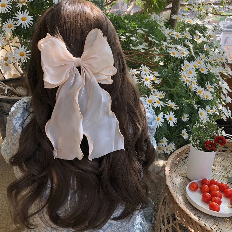New Women Girls Sweet Blue Shining Satin Bowknot Hair Clip Big Ribbon Bow Barrette Solid Color Scarf Hairpin Grip Ponytail Clip