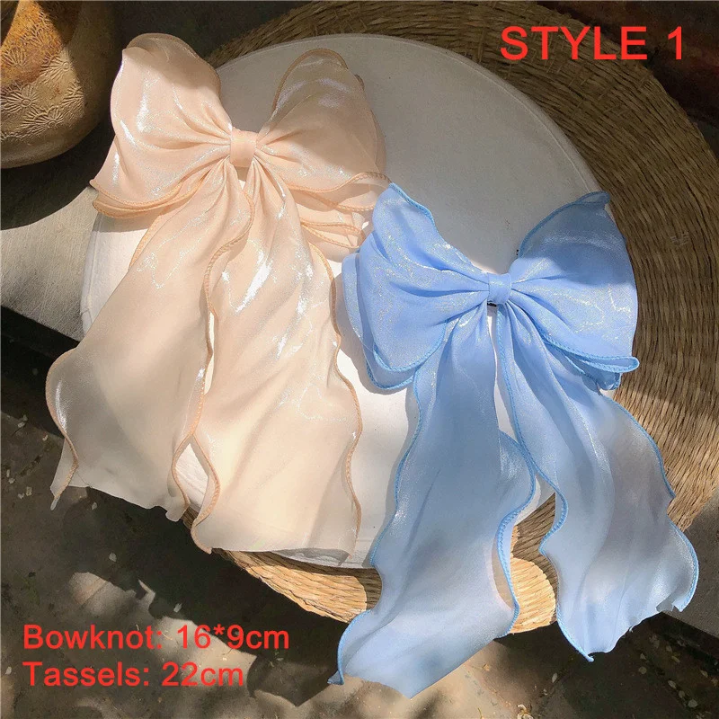 New Women Girls Sweet Blue Shining Satin Bowknot Hair Clip Big Ribbon Bow Barrette Solid Color Scarf Hairpin Grip Ponytail Clip