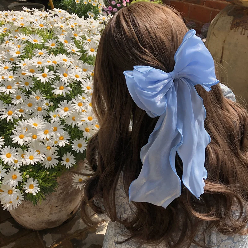 New Women Girls Sweet Blue Shining Satin Bowknot Hair Clip Big Ribbon Bow Barrette Solid Color Scarf Hairpin Grip Ponytail Clip