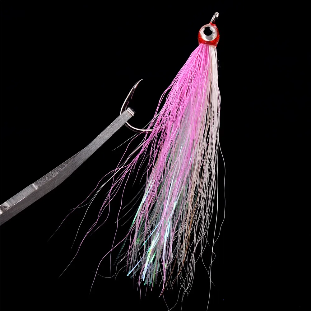 10/20/30PCS Bucktail Teasers fishing hook 3D eyes Flash line fly tying for Flounder jig hook hi/lo rig for Salmon fishing tackle
