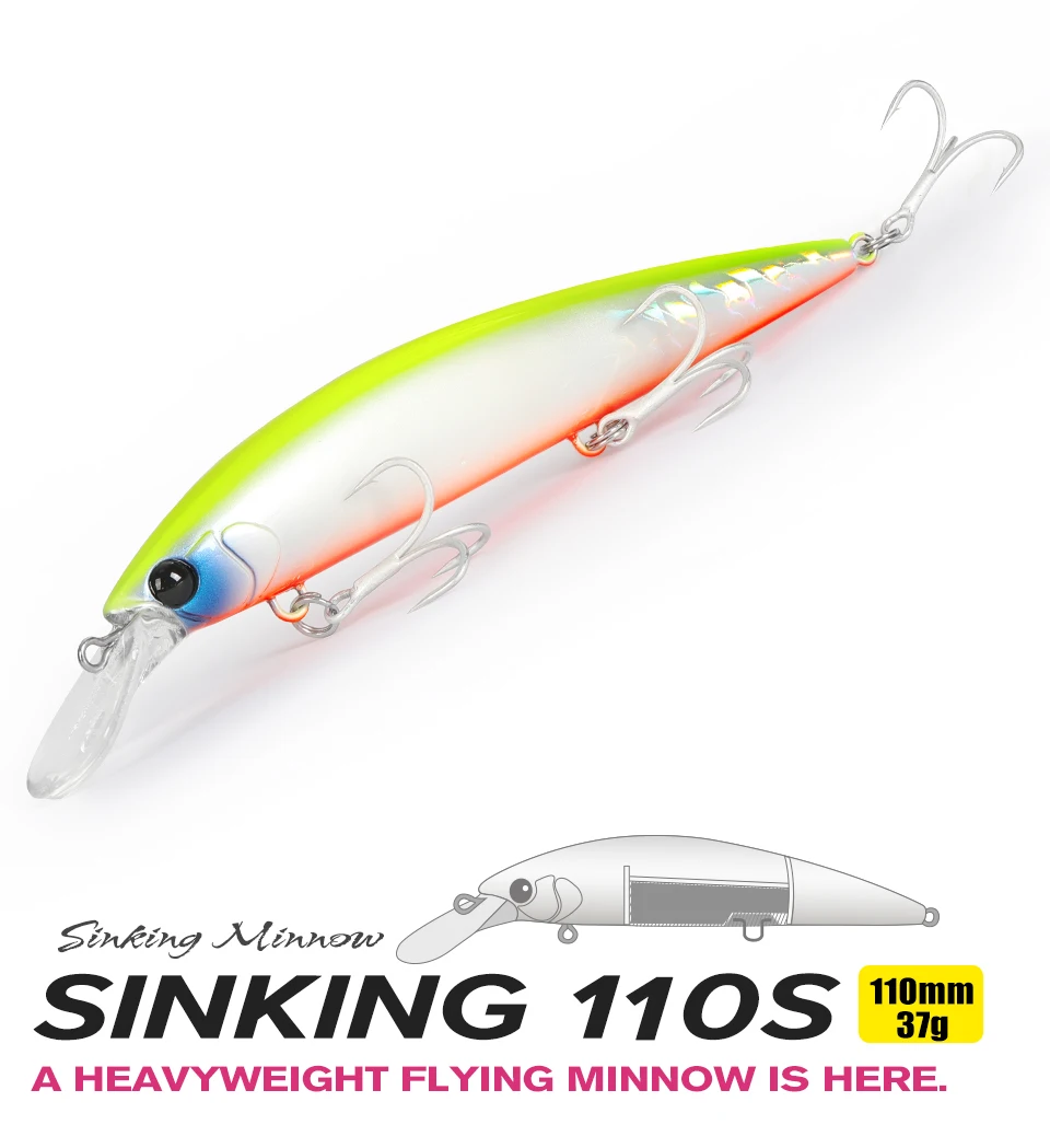 TSURINOYA 110S 110mm 37g Heavy Sinking Minnow Hard Artificial Plastic Sea Fishing Lure WIZARD Max 80m Ultra Long Casting Bait