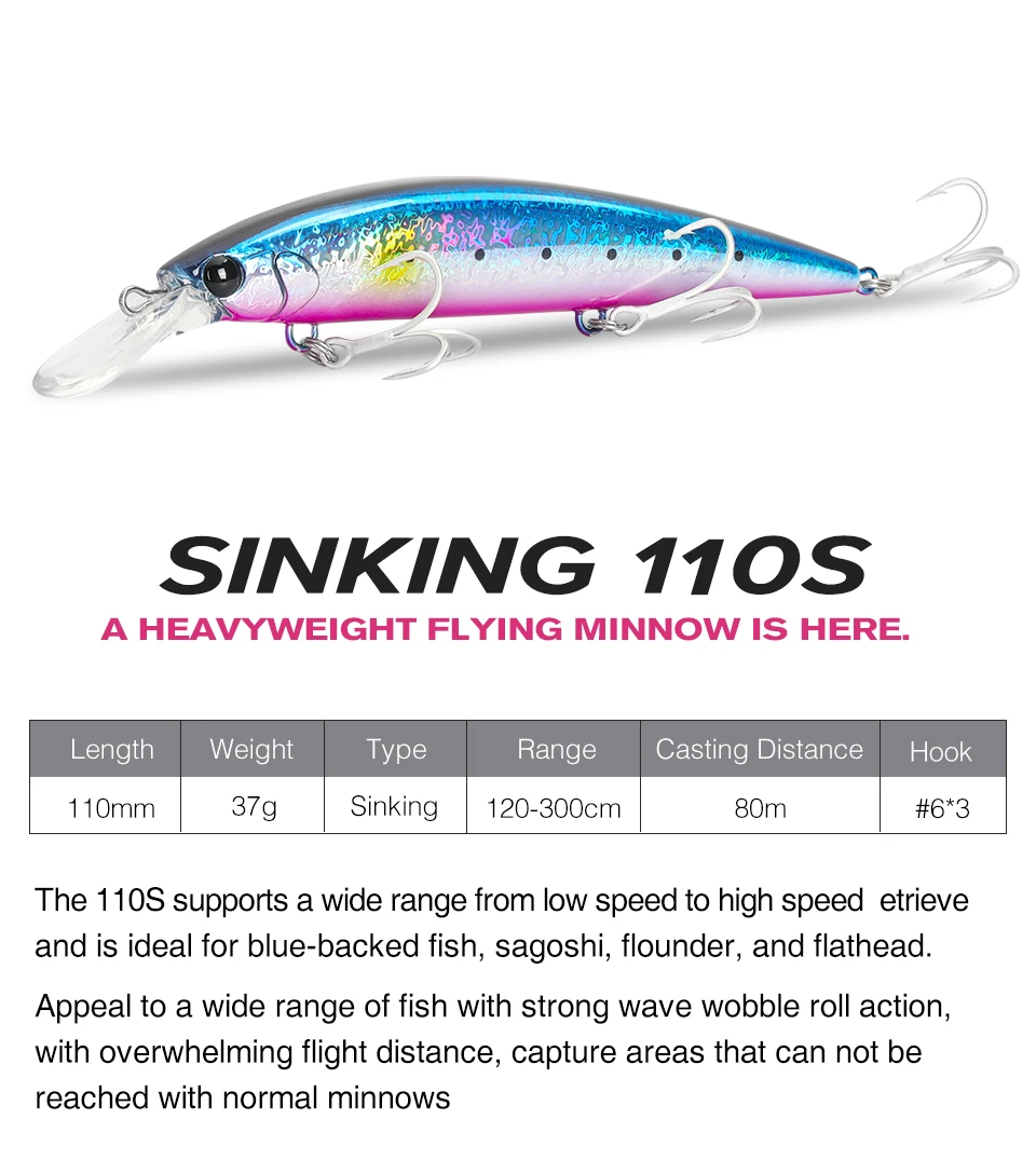 TSURINOYA 110S 110mm 37g Heavy Sinking Minnow Hard Artificial Plastic Sea Fishing Lure WIZARD Max 80m Ultra Long Casting Bait