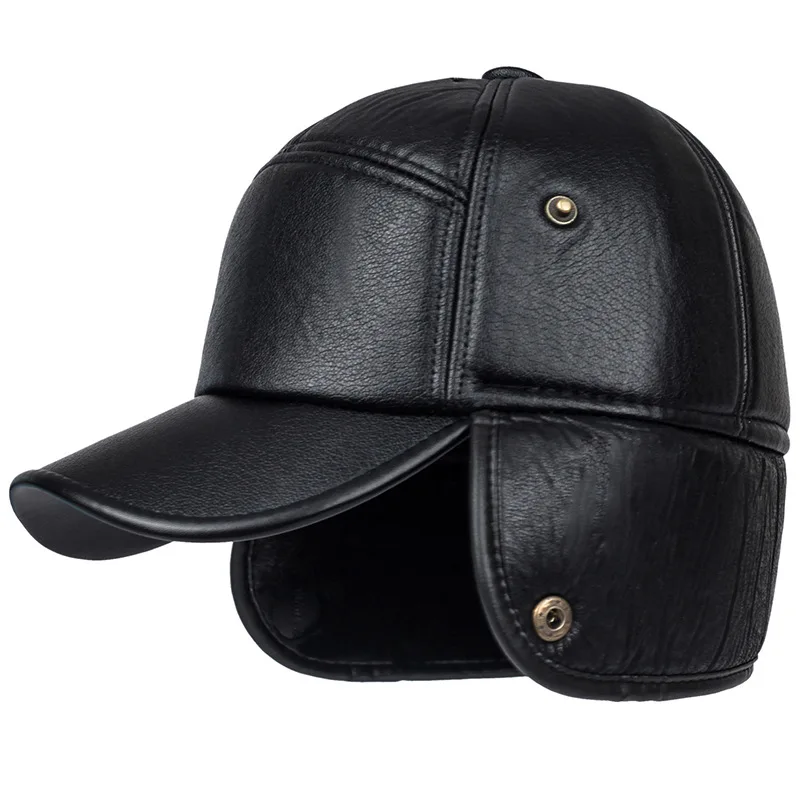Winter Warm Hat Men Black Leather Fur Baseball Cap Men Snapback Women Casquette Bones Dad Caps Gorras Earflaps Thicken Hat