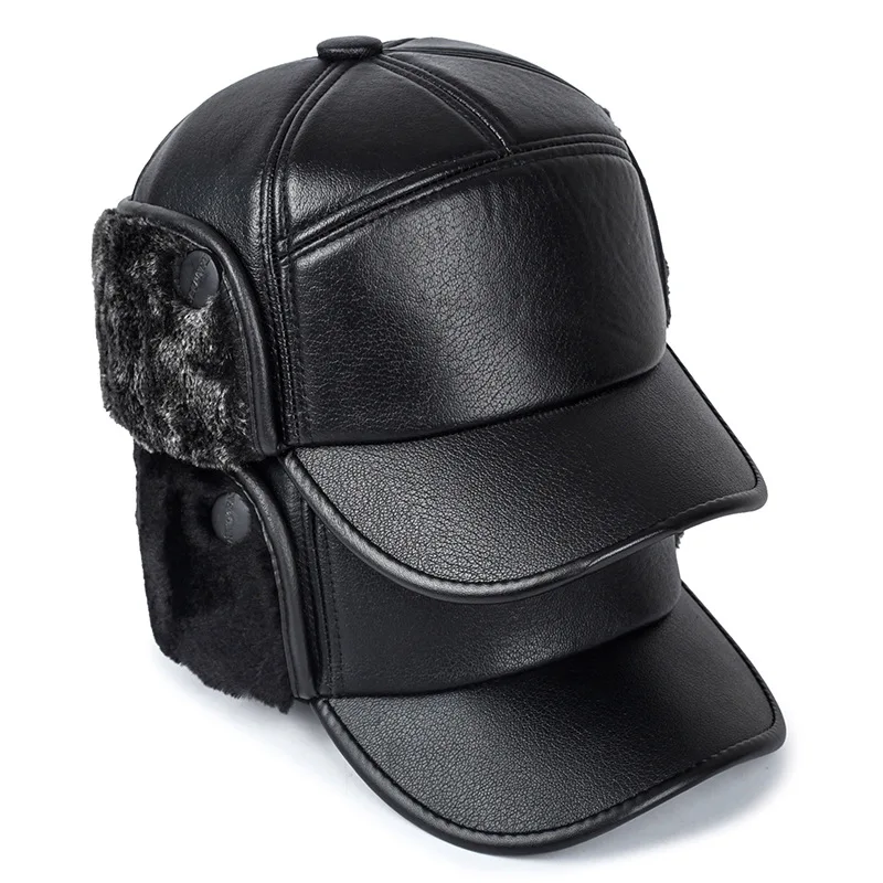 Winter Warm Hat Men Black Leather Fur Baseball Cap Men Snapback Women Casquette Bones Dad Caps Gorras Earflaps Thicken Hat