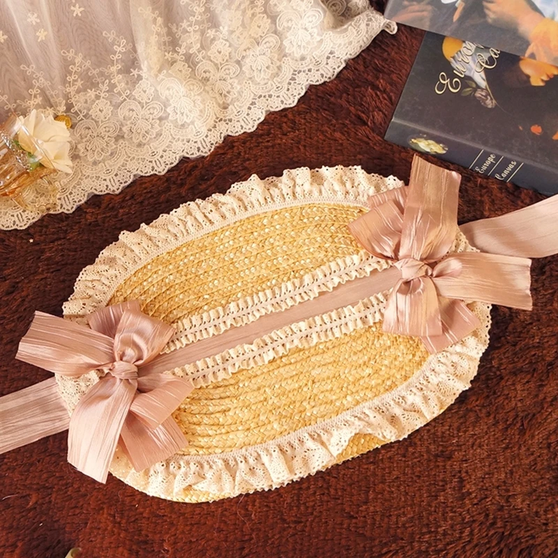 Pastoral Style Flat Top Hat Lace Flower Ribbon Straw Hat Lolita Hat Bonnet Hat French Hat All-match for Beach Vacation