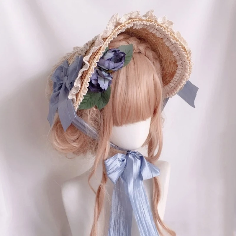 Pastoral Style Flat Top Hat Lace Flower Ribbon Straw Hat Lolita Hat Bonnet Hat French Hat All-match for Beach Vacation