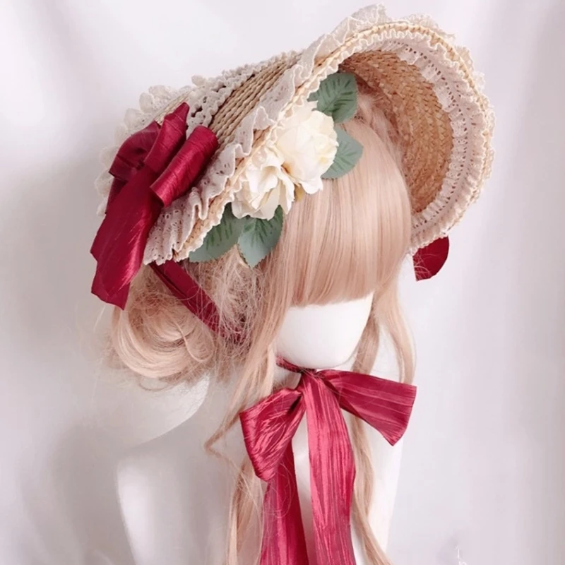 Pastoral Style Flat Top Hat Lace Flower Ribbon Straw Hat Lolita Hat Bonnet Hat French Hat All-match for Beach Vacation