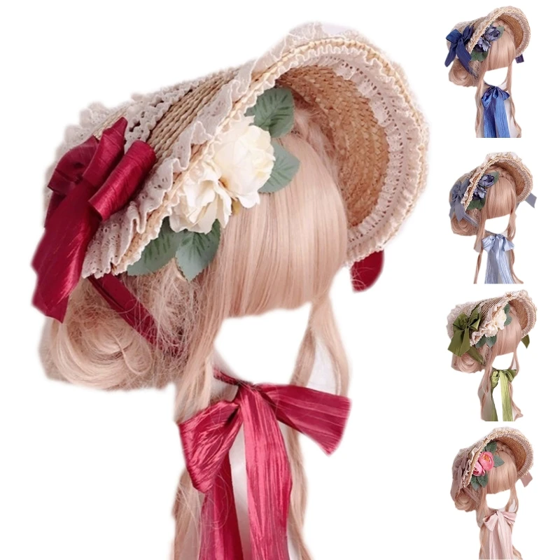 Pastoral Style Flat Top Hat Lace Flower Ribbon Straw Hat Lolita Hat Bonnet Hat French Hat All-match for Beach Vacation