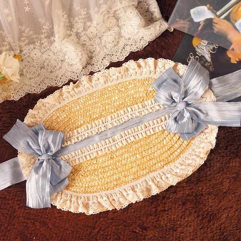 Pastoral Style Flat Top Hat Lace Flower Ribbon Straw Hat Lolita Hat Bonnet Hat French Hat All-match for Beach Vacation