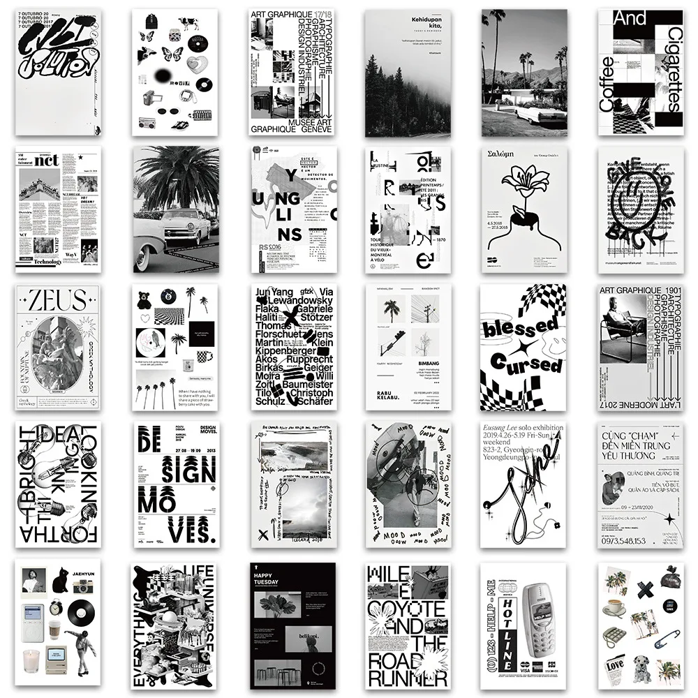 10/30/60pcs Cool Black White Art Graffiti Stickers Ins Style Poster Decals DIY Phone Skateboard Fridge Notebook Car Decoration