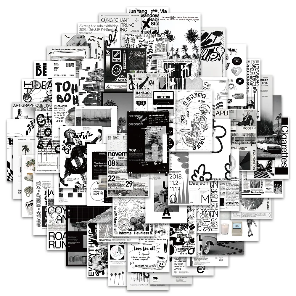 10/30/60pcs Cool Black White Art Graffiti Stickers Ins Style Poster Decals DIY Phone Skateboard Fridge Notebook Car Decoration