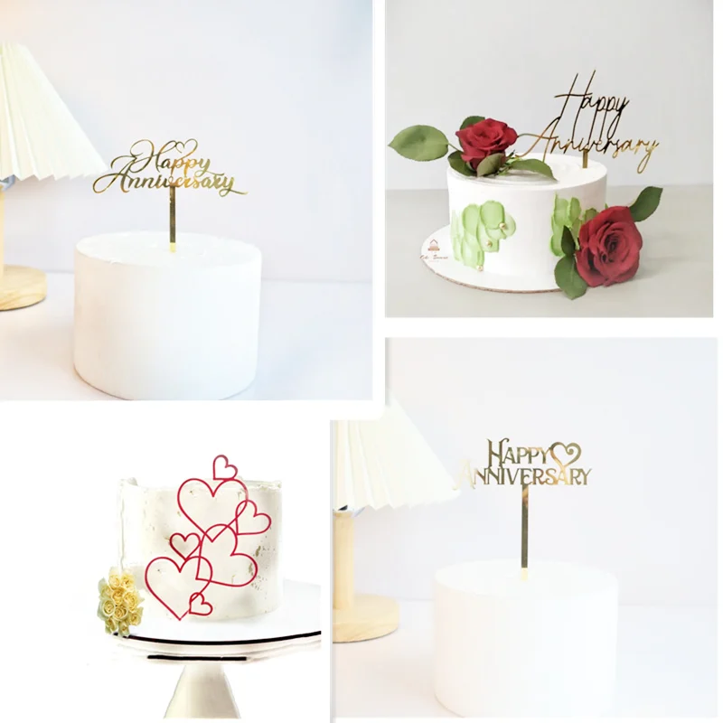 New love Heart Birthday Cake Topper Red Gold Acrylic Wedding Cake Toppers Gift Decoration Valentine's Day party Baking Supplies