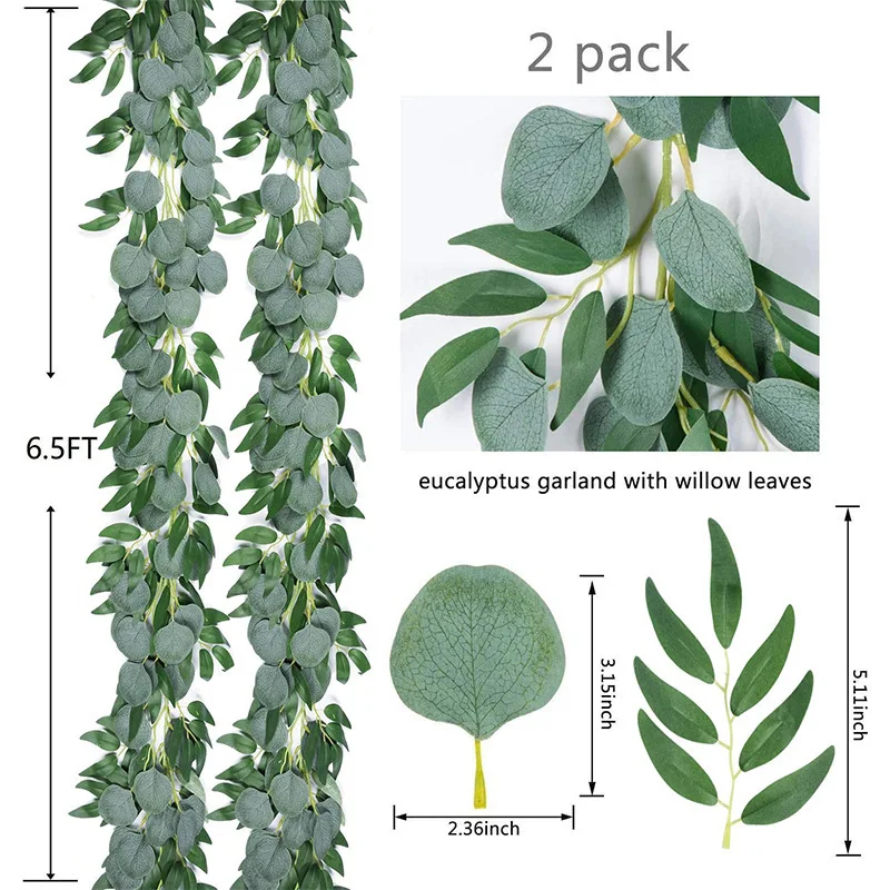 200cm Fake Eucalyptus Rattan Artificial Plants Vine Green Willow Leaf Silk Ivy Wall Hanging Garland For Home Wedding Party Decor