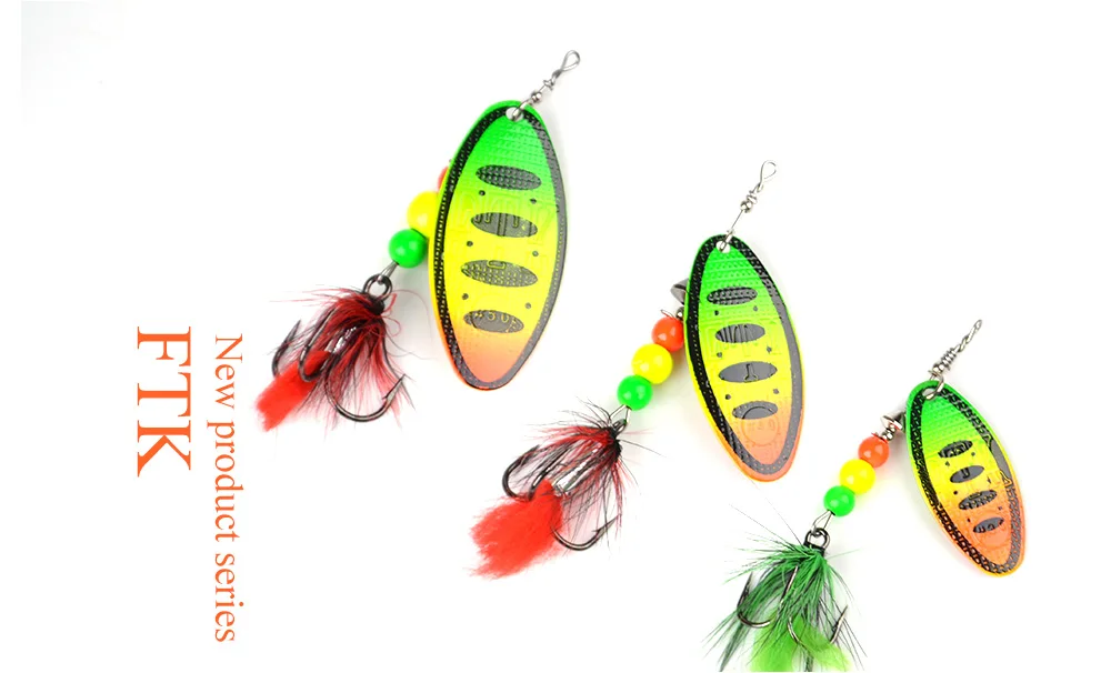 FTK 1pc Spinner Bait 8g/14g/20g Metal Fishing Lure Hard Bait Spoon Lures with Feather Treble Hooks Carp Pike Fishing Tackle