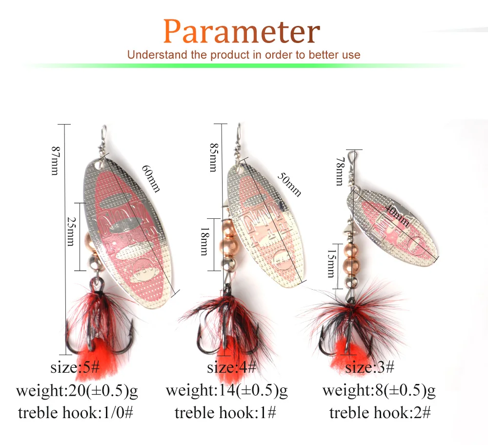 FTK 1pc Spinner Bait 8g/14g/20g Metal Fishing Lure Hard Bait Spoon Lures with Feather Treble Hooks Carp Pike Fishing Tackle