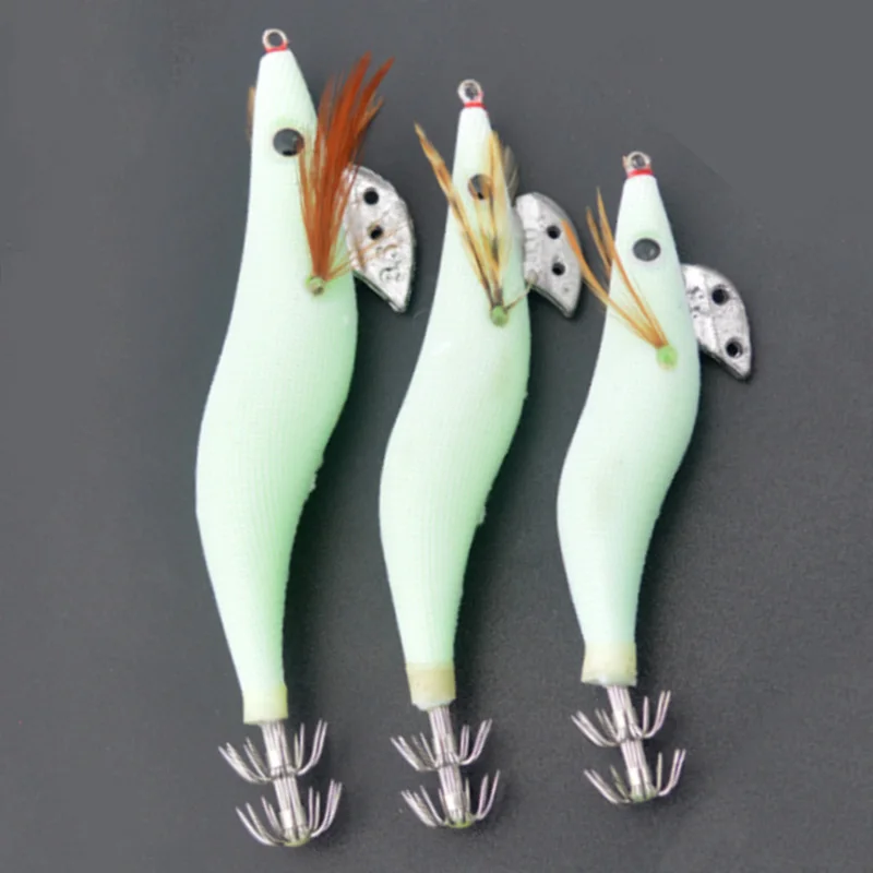 1PCS Luminous Squid Jigs White Glow Wood Shrimp with Octopus Squid Jig Hooks Cuttlefish Fishing Lure Size 2.5# 3.0# 3.5#