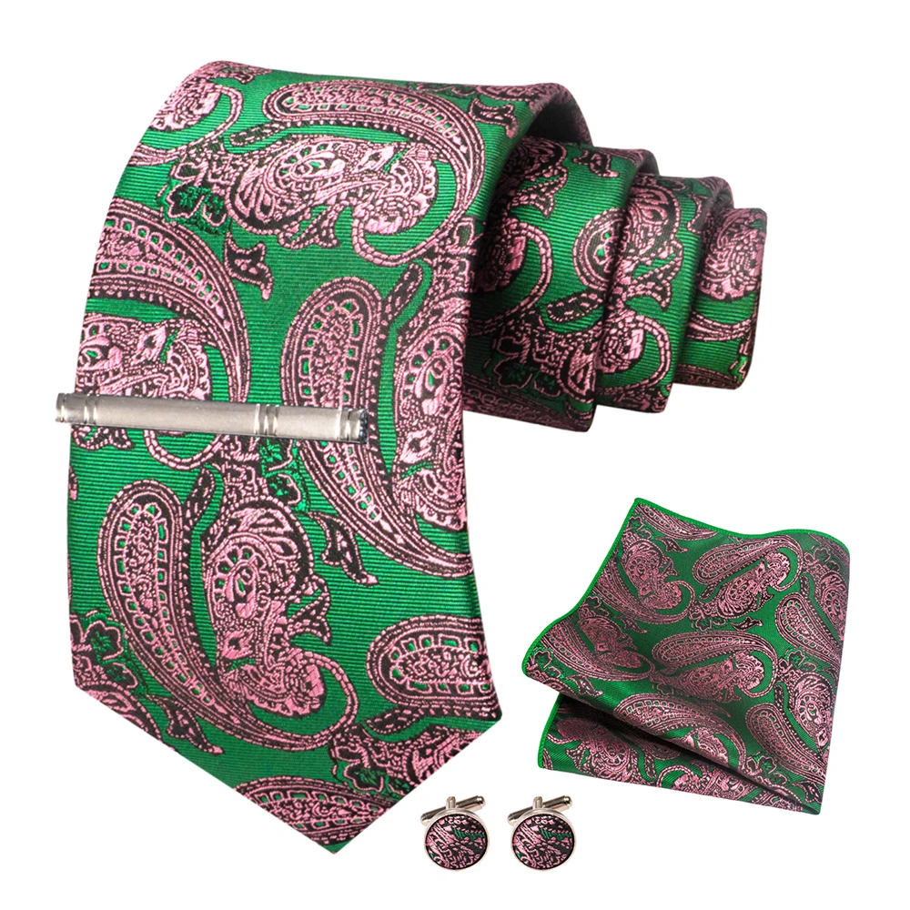 JEMYGINS Men Green Ties Striped Tie Paisley Wedding Tie For Men Necktie Hanky Cufflink Set Party Business Fashion Designer