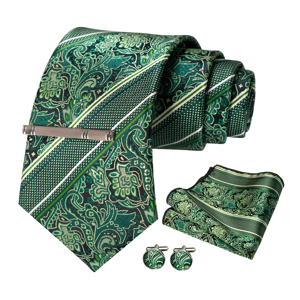 JEMYGINS Men Green Ties Striped Tie Paisley Wedding Tie For Men Necktie Hanky Cufflink Set Party Business Fashion Designer