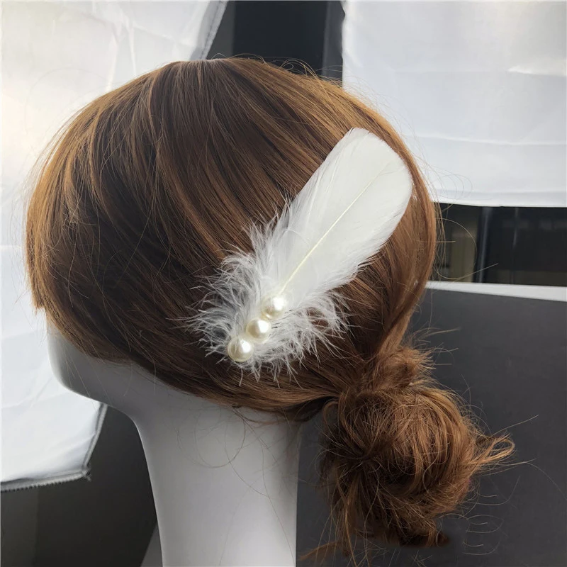 Ballet Cheongsam Stage Performance Dance White Feather Pearl Headgear Hairpin Side Clip Hair Accessories