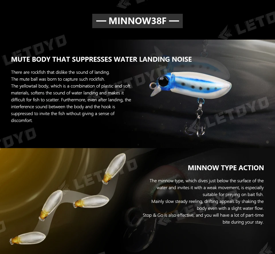 LETOYO Floating Minnow 38F/Pencil 38F 38mm 2.7g Topwater Artificial Silicone Bait Soft Plastic Body Trout Fishing Lures