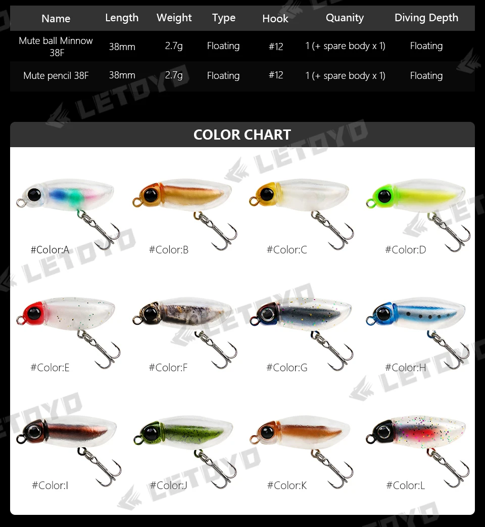 LETOYO Floating Minnow 38F/Pencil 38F 38mm 2.7g Topwater Artificial Silicone Bait Soft Plastic Body Trout Fishing Lures