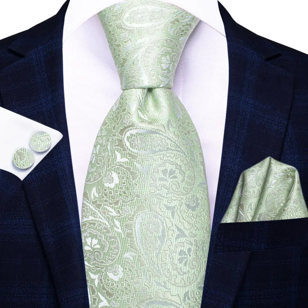 Paisley Sage Green 2022 New Fashion Brand Ties for Men Wedding Party Necktie Set Handky Cufflinks Gift Wholesale Hi-Tie Dropship