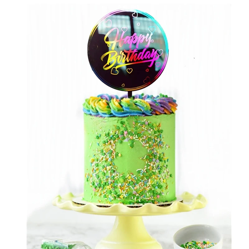 Ins Acrylic Happy Birthday Cake Toppers Color Round Gold Black Birthday Cupcake Toppers for Baby Shower Party Dessert Decoration
