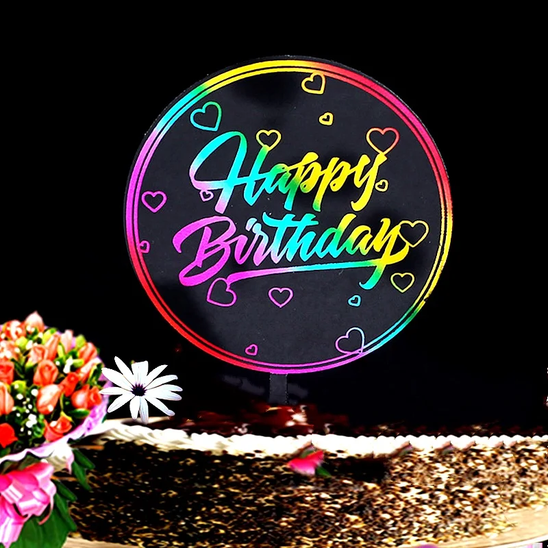 Ins Acrylic Happy Birthday Cake Toppers Color Round Gold Black Birthday Cupcake Toppers for Baby Shower Party Dessert Decoration