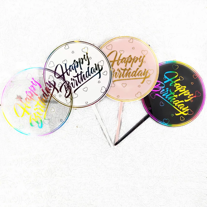 Ins Acrylic Happy Birthday Cake Toppers Color Round Gold Black Birthday Cupcake Toppers for Baby Shower Party Dessert Decoration