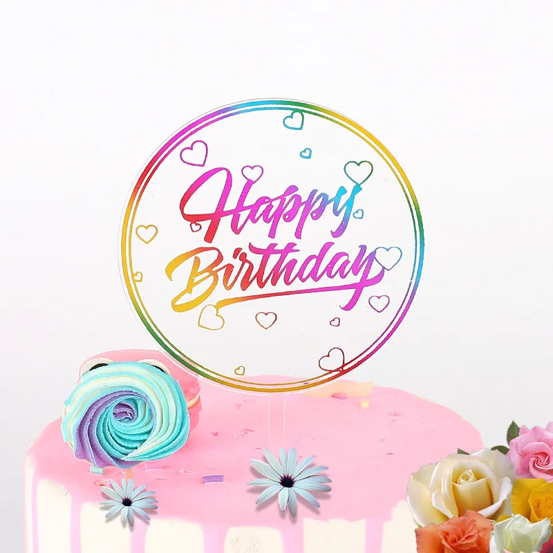 Ins Acrylic Happy Birthday Cake Toppers Color Round Gold Black Birthday Cupcake Toppers for Baby Shower Party Dessert Decoration
