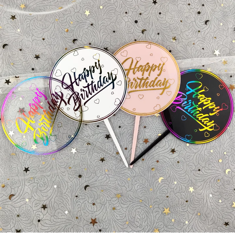 Ins Acrylic Happy Birthday Cake Toppers Color Round Gold Black Birthday Cupcake Toppers for Baby Shower Party Dessert Decoration