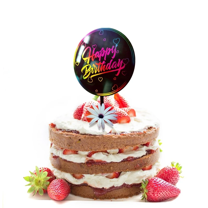 Ins Acrylic Happy Birthday Cake Toppers Color Round Gold Black Birthday Cupcake Toppers for Baby Shower Party Dessert Decoration
