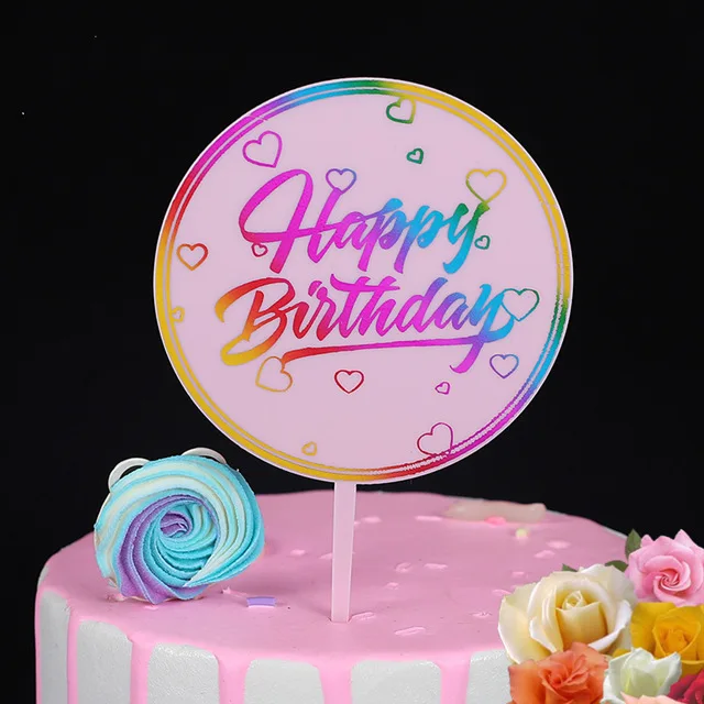 Ins Acrylic Happy Birthday Cake Toppers Color Round Gold Black Birthday Cupcake Toppers for Baby Shower Party Dessert Decoration