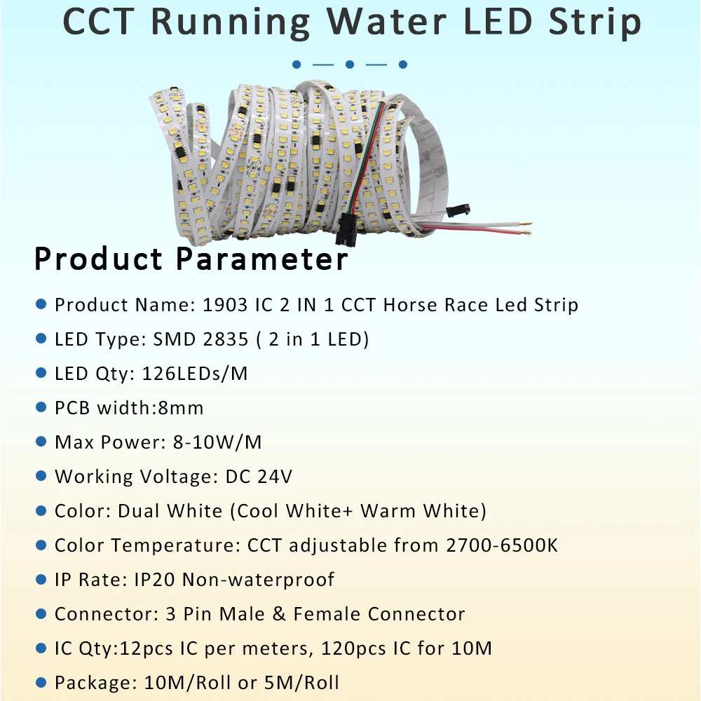 SMD2835 Water Flowing LED Strip Light DC 24V 10M Flex Ribbon Horse Race Chasing Effect 126 Diode CCT Liner Lamp with Touch Panel