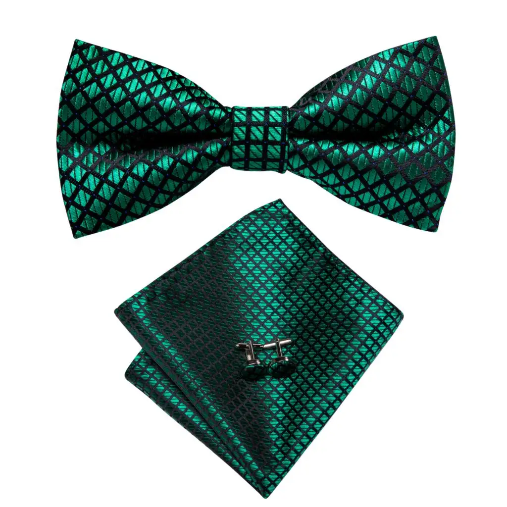 Hi-Tie Brand Silk Mens Bowtie Hanky Cufflinks Set Black Red Blue Gold Green White Pre-tied Butterfly Knot Bow Tie Wedding Work