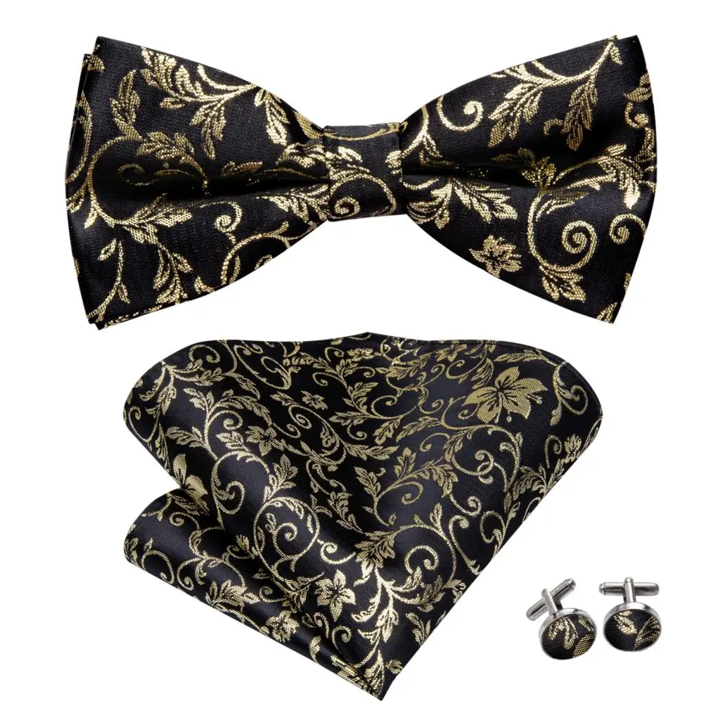 Hi-Tie Brand Silk Mens Bowtie Hanky Cufflinks Set Black Red Blue Gold Green White Pre-tied Butterfly Knot Bow Tie Wedding Work