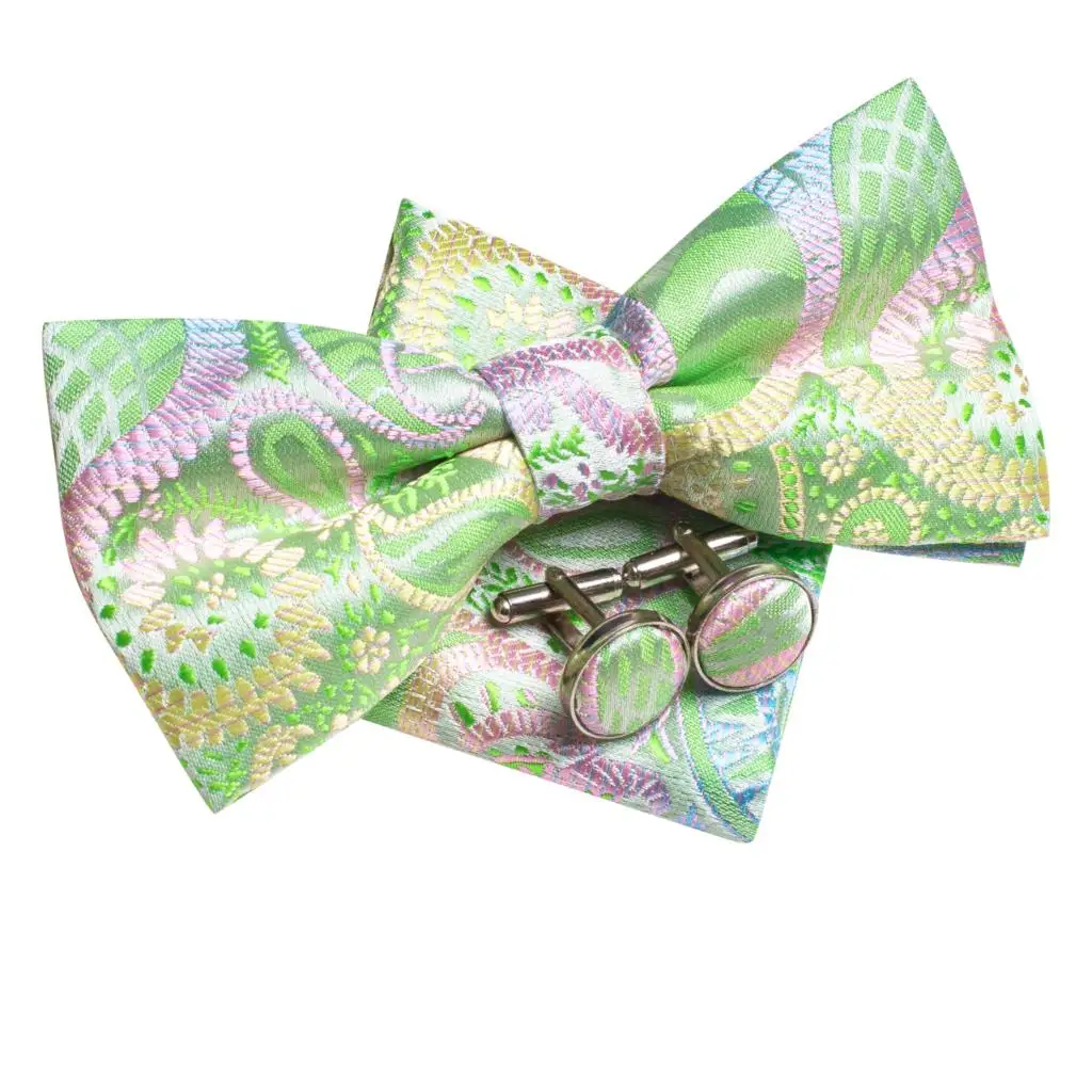 Hi-Tie Brand Silk Mens Bowtie Hanky Cufflinks Set Black Red Blue Gold Green White Pre-tied Butterfly Knot Bow Tie Wedding Work