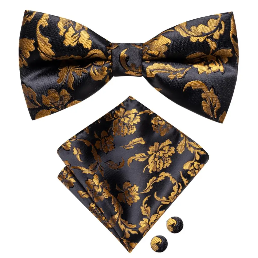Hi-Tie Brand Silk Mens Bowtie Hanky Cufflinks Set Black Red Blue Gold Green White Pre-tied Butterfly Knot Bow Tie Wedding Work
